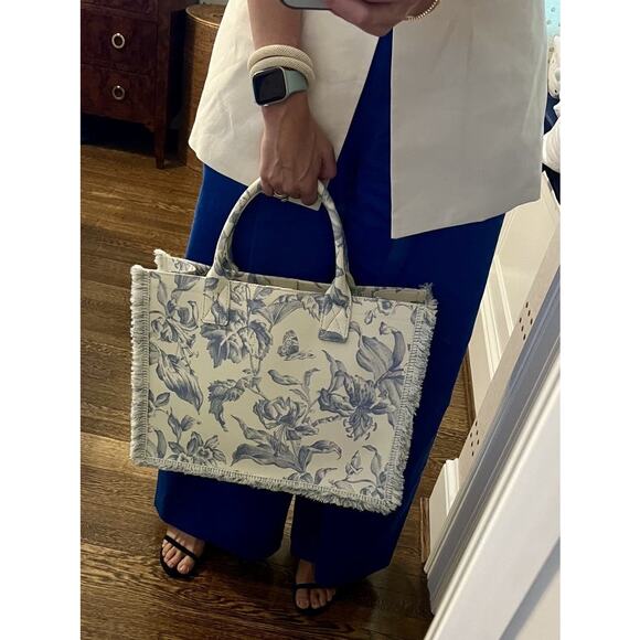 SANDRO Women's Blue Floral Print Magnetic Closure Frayed Edges Kasbah Tote Bag - Picture 12 of 16